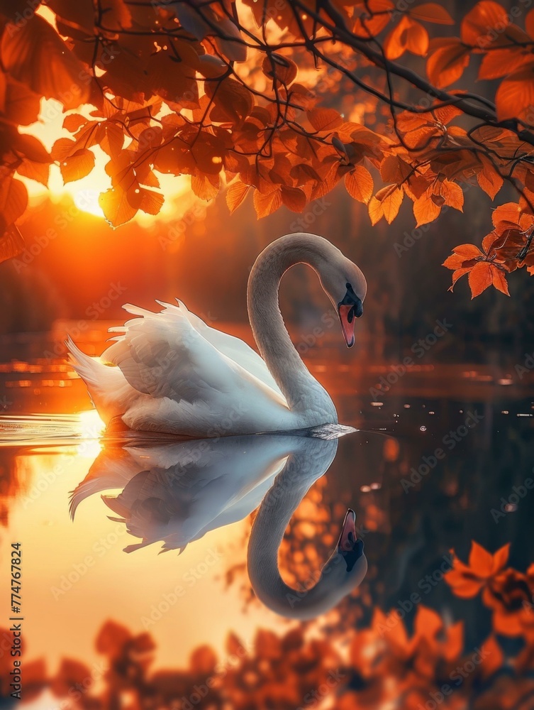 Poster a swan is floating on the water in front of a tree. generative ai.