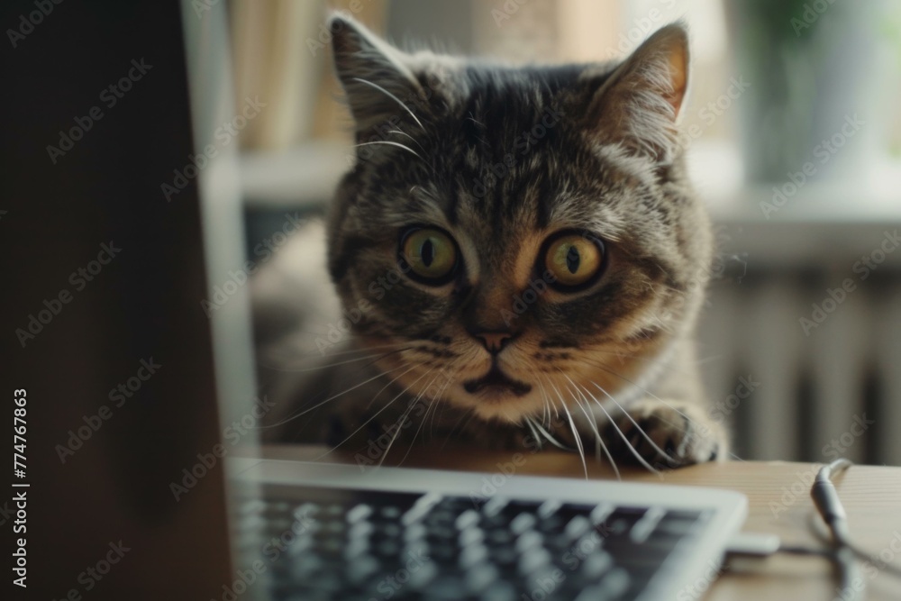 Poster a cat sitting on a table next to a laptop computer. generative ai.