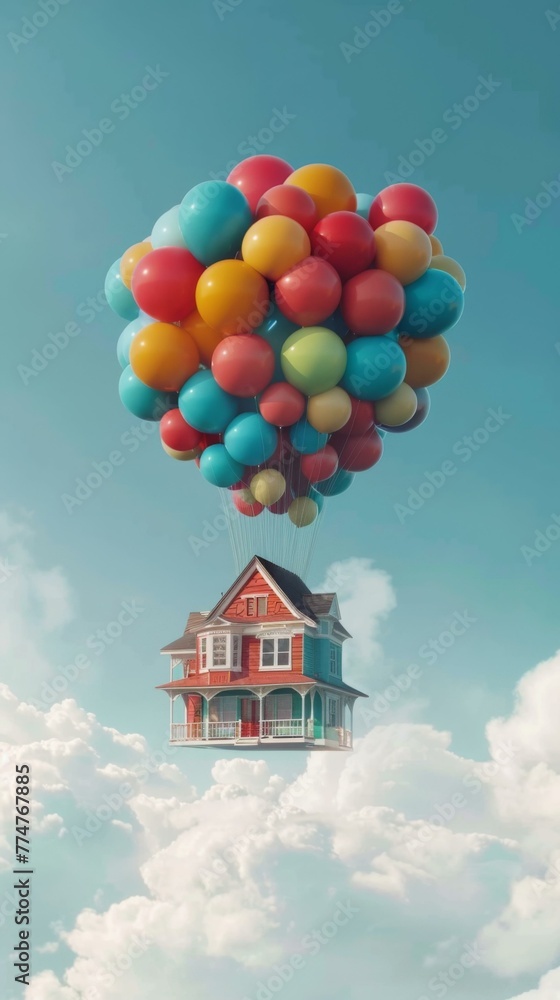 Poster a house floating in the air with balloons attached to it. generative ai.