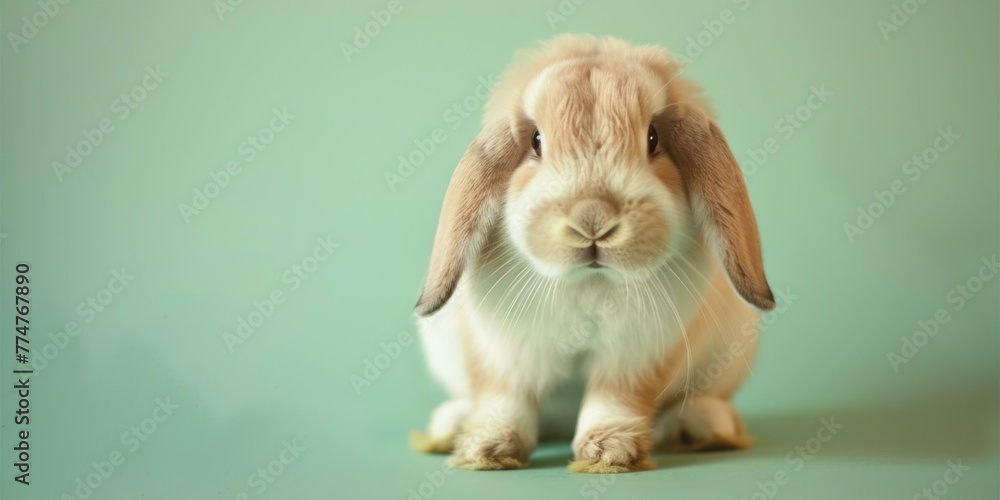 Poster a rabbit sitting on a green background with a green background. generative ai.