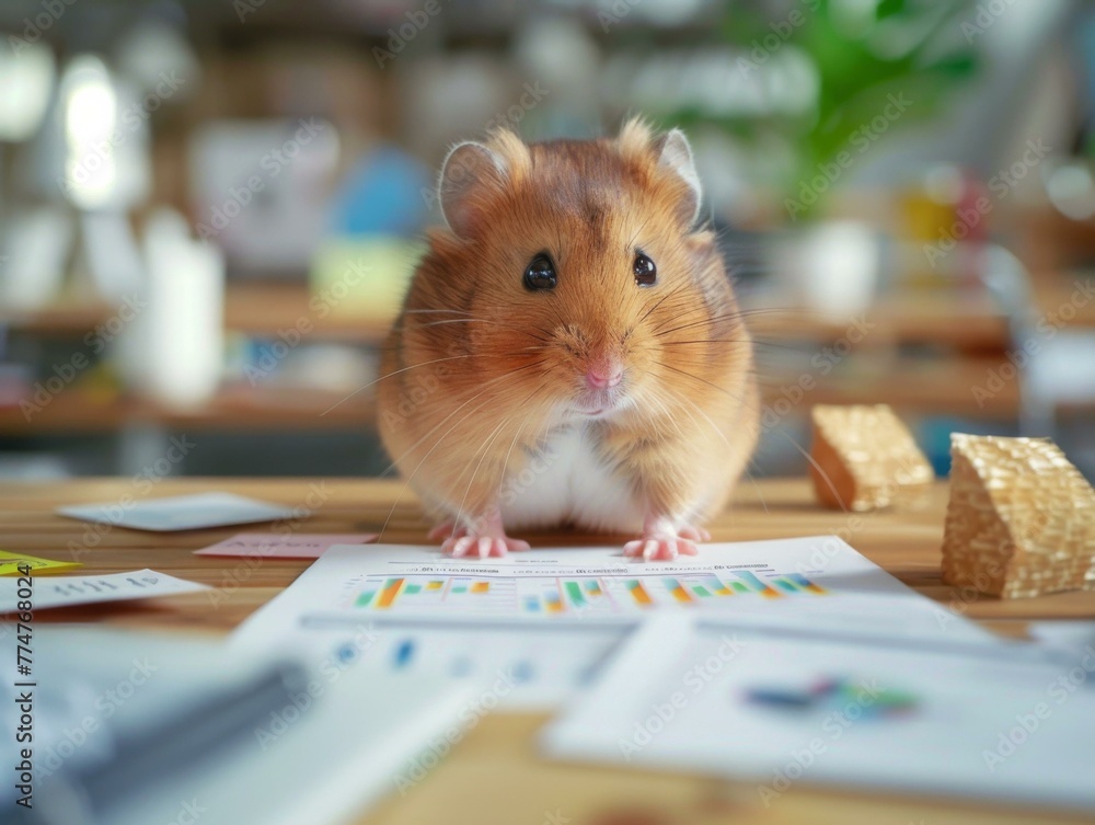 Poster a hamster sitting on top of a desk with papers in front. generative ai.
