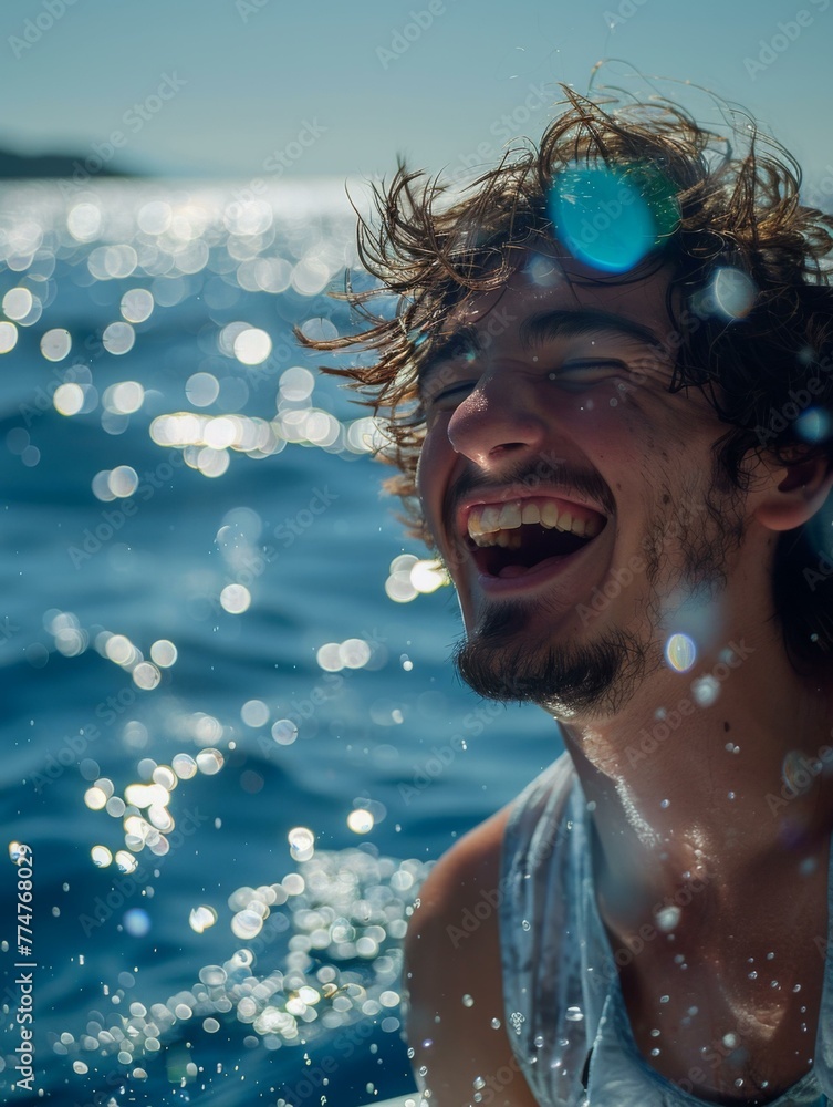 Poster a man smiling while riding a boat in the ocean. generative ai.