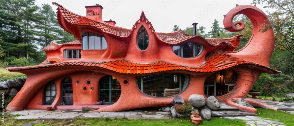 Sticker A house shaped like an octopus with a red roof. Generative AI.