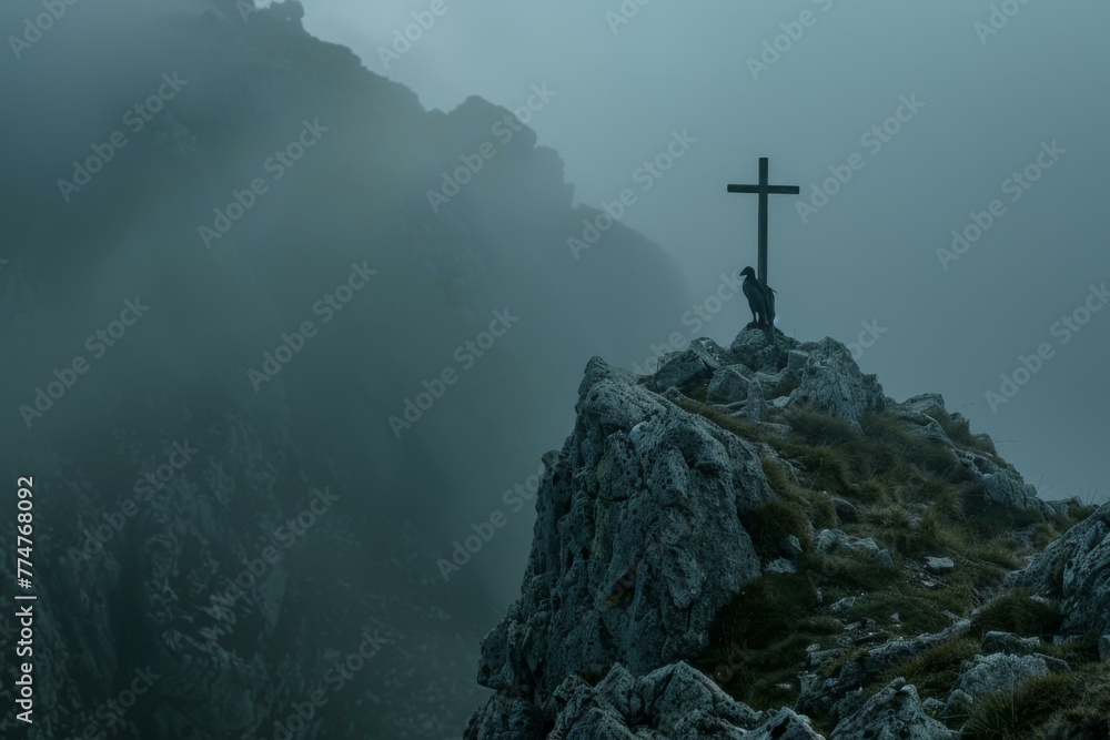 Poster a cross on top of a mountain with fog and clouds. generative ai.