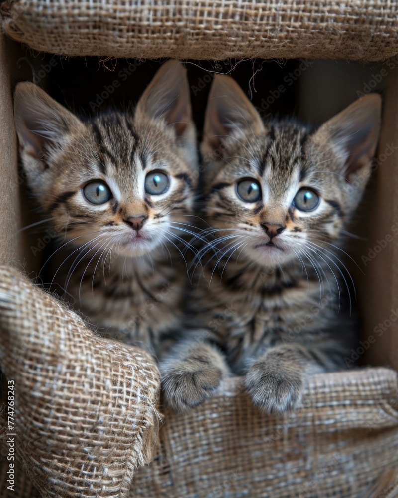 Poster two kittens are looking at the camera with their eyes open. generative ai.