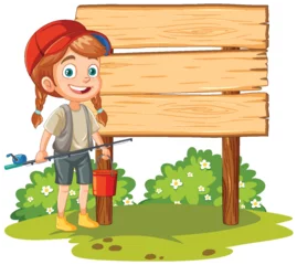 Foto auf Alu-Dibond Cheerful girl with tools by empty signboard © GraphicsRF