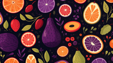 Nocturnal harvest 2D cartoon illustration. Assortment of citrus fruits and berries flat image...
