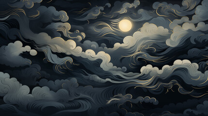 Whimsical night sky 2D cartoon illustration. Wind-swept clouds under moonlit sky flat image...