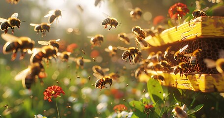 Buzzing Bees in a Flower Garden A Honey-Filled Hive Experience Generative AI - obrazy, fototapety, plakaty