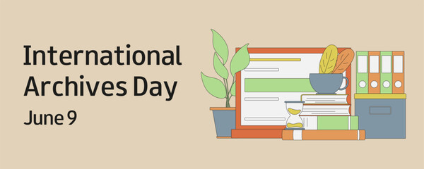International Archives Day background. Vector design for banner, card, poster with documents, stack of books, computer and world map. June 9. Vector colorful illustration. 