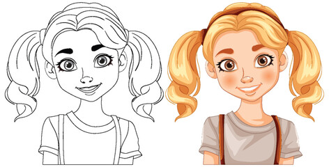 Cartoon girl with pigtails in color and outline