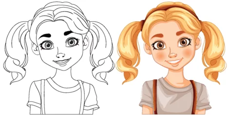 Foto op Plexiglas Kinderen Cartoon girl with pigtails in color and outline