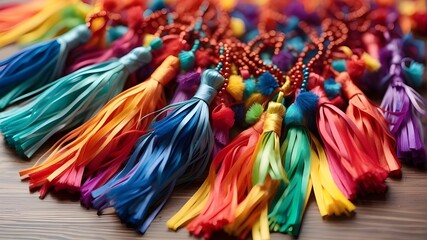 Party tassels in multicolored LGBT flag colors. Background idea of gays and lesbians - obrazy, fototapety, plakaty