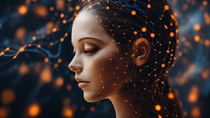A woman's head portrait with digital wireframe of lines and dots around her head. Future tech, ai, big data, web, cyborg, artificial intelligence illustration concept.