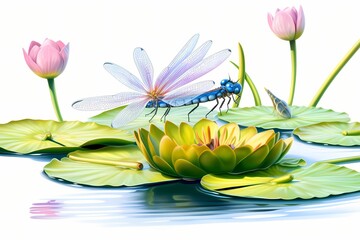 A happy dragonfly perched on a water lily, surrounded by pond ripples, isolated on white solid background