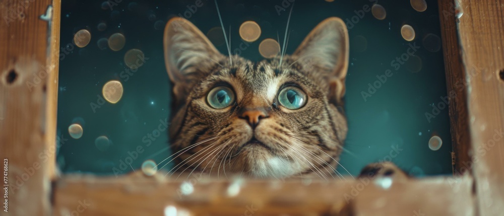 Poster a cat looking up at the camera with bubbles in front of it. generative ai.