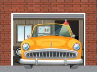Foto op Plexiglas Kinderen Classic yellow taxi parked inside a red brick garage