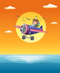 Cartoon pilot flying airplane above the ocean.