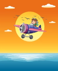Deurstickers Kinderen Cartoon pilot flying airplane above the ocean.
