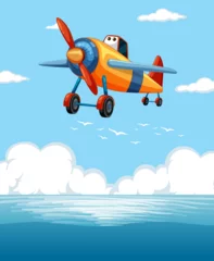 Deurstickers Kinderen Animated airplane flying above ocean with clouds.