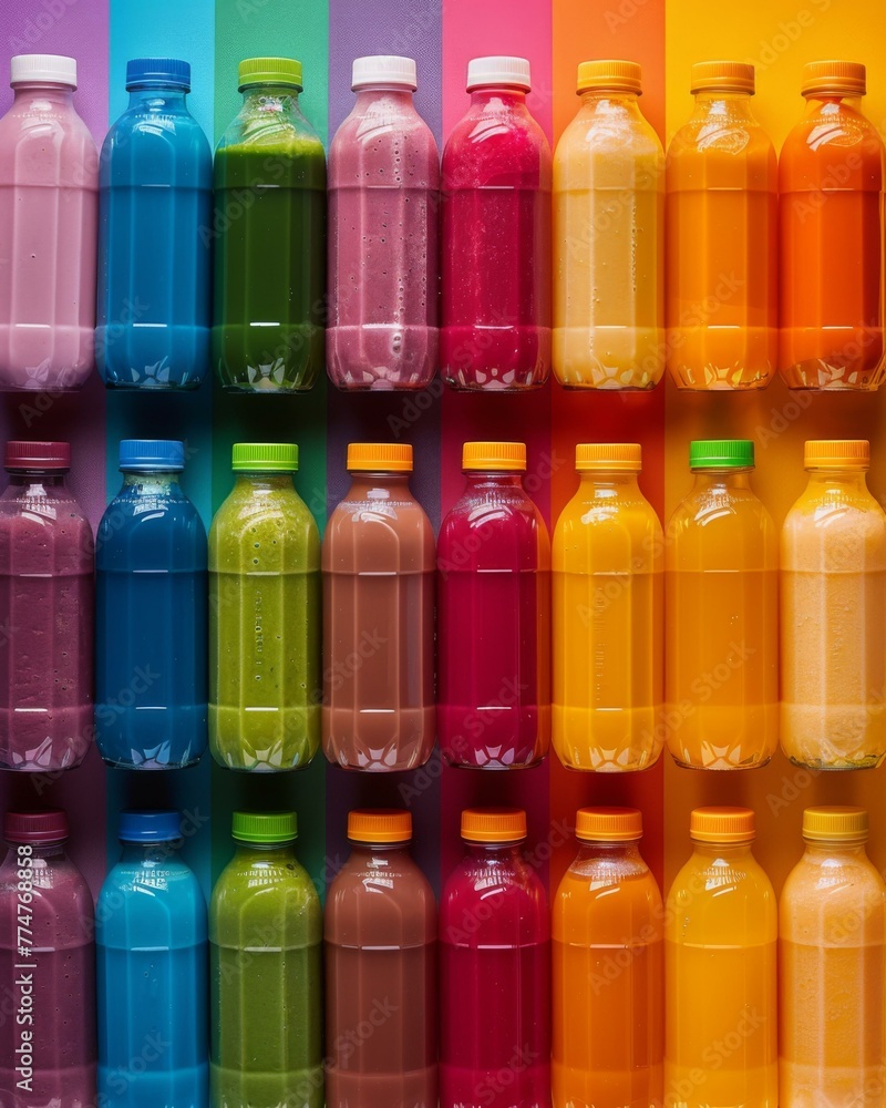 Poster a colorful bottles of different colored juices are lined up on a wall. generative ai.