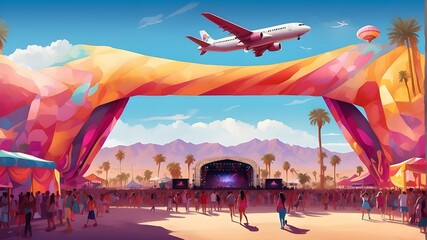 Over the vibrant Coachella music festival in the desert, an airplane flies. The shadow of an airplane passes over colorful festival stages and a musically active desert. - obrazy, fototapety, plakaty