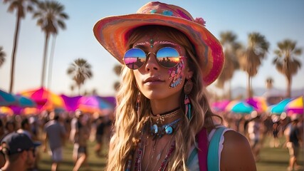 vibrant music event of sound and energy, Coachella. A sensory carnival including acts ranging from electronic beats to indie rock takes place. A portrait of a person at Coachella. - obrazy, fototapety, plakaty