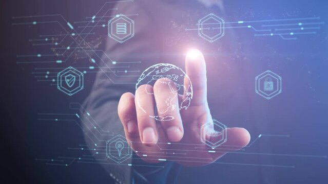 Symbols of digitalization of information and personal data against the background of a world map with AI electrons and a person pointing with a light point on his finger. Database protection concept