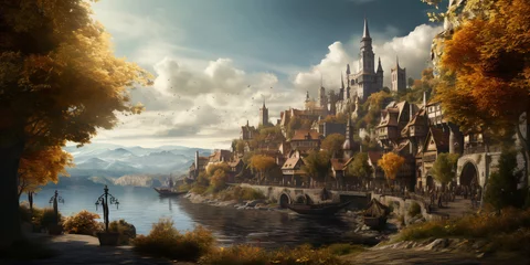 Fotobehang medieval fantasy city built over hills, view of the river and mountains © CROCOTHERY