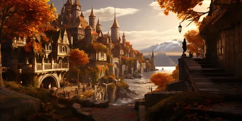 Fotobehang medieval fantasy city built over hills, view of the river and mountains © CROCOTHERY