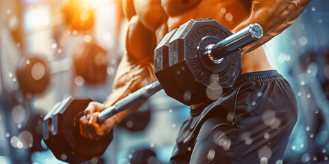 Intense Weightlifting Workout in a Fitness Gym. The focused intensity of a bodybuilder performing bicep curls with heavy dumbbells, showcasing muscular arms and dedication to fitness. - obrazy, fototapety, plakaty