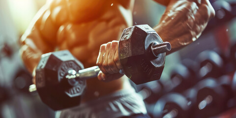 Intense Weightlifting Workout in a Fitness Gym. The focused intensity of a bodybuilder performing bicep curls with heavy dumbbells, showcasing muscular arms and dedication to fitness. - obrazy, fototapety, plakaty