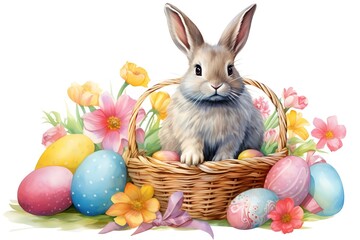 Beautiful bunny baby easter bunny with basket full of colorful easter eggs on white background