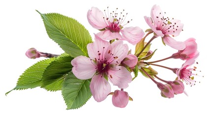 A close-up of a cherry blossom, with its pink petals and green leaves, against a white background.