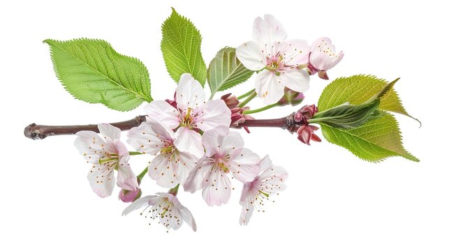 A close-up of a cherry blossom, with its pink petals and green leaves, against a white background.