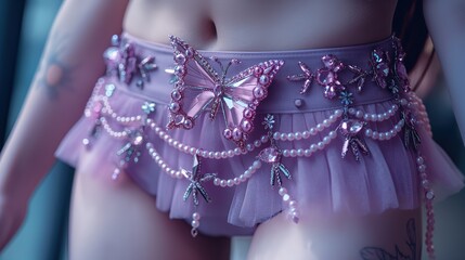close up lingerie and underwear fashion portrait, pretty girl wearing sexy pink purple lace panties decorated with butterfly pearls and glitter, fantasy fairytales atmosphere, - obrazy, fototapety, plakaty