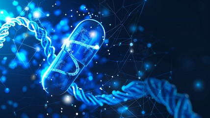 Glowing blue pill with DNA strands concept - This digitally rendered image shows a glowing blue capsule with DNA strands, symbolizing biotechnology and medical innovation