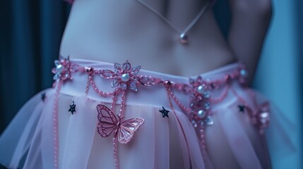 close up lingerie and underwear fashion portrait, pretty girl wearing sexy pink purple lace panties decorated with butterfly pearls and glitter, fantasy fairytales atmosphere, - obrazy, fototapety, plakaty