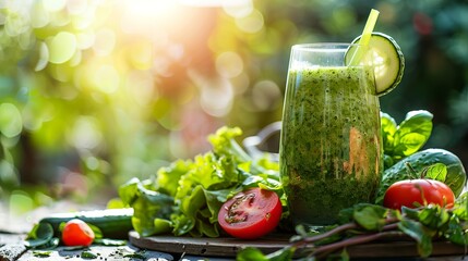 Green smoothie with vegetables around - obrazy, fototapety, plakaty