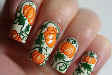 Close-up of hand with festive pumpkin patch nail art featuring vibrant orange pumpkins and green vines