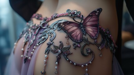 close up lingerie and underwear fashion portrait, pretty girl wearing sexy pink purple lace panties decorated with butterfly pearls and glitter, fantasy fairytales atmosphere,