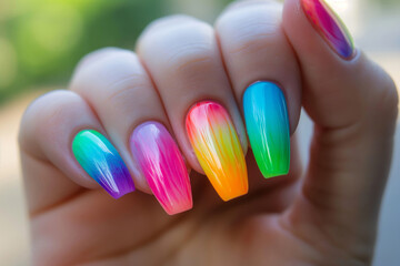 Close-up photograph of a hand with nails featuring a colorful rainbow gradient design