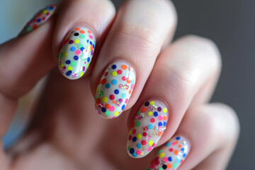 Vibrant and playful nail art design inspired by colorful candy sprinkles, featuring a close-up manicure with a multicolored rainbow sprinkle pattern
