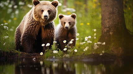Bear and cubs in the forest and river among white flowers