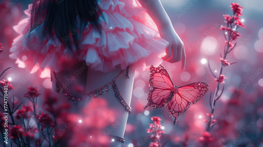 Wall mural close up sexy girl wearing pink fairy tutu short skirt dress in dreamlike atmosphere, fantasy dreaml