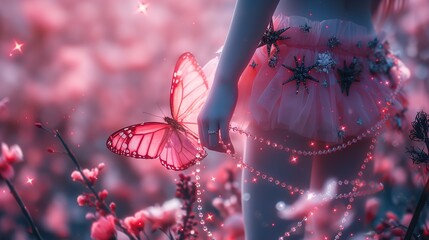 close up sexy girl wearing pink fairy tutu short skirt dress in dreamlike atmosphere, fantasy dreamlike fairytale atmosphere, Generative Ai - obrazy, fototapety, plakaty