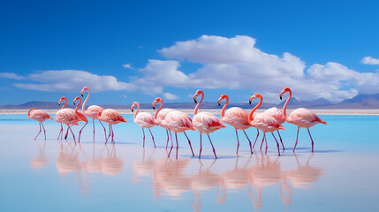 Vintage and retro collage photo of flamingos standing in clear blue sea with sunny sky summer season with cloud.