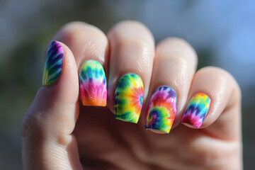 Close-up of trendy and modern tie-dye nail art with vibrant psychedelic colors, a funky and artistic manicure design, perfect for summer bohemian and hippie fashion looks