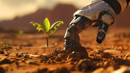 The hand of a humanoid robot checks the soil around a seedling in the desert