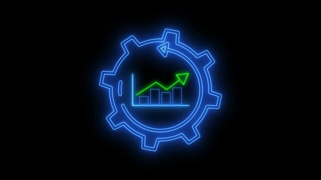 Money, profit, investment, growth business, economy, finance and success concept. Glowing neon line animation of virtual graph with up arrow inside cogwheel isolated on transparent background.